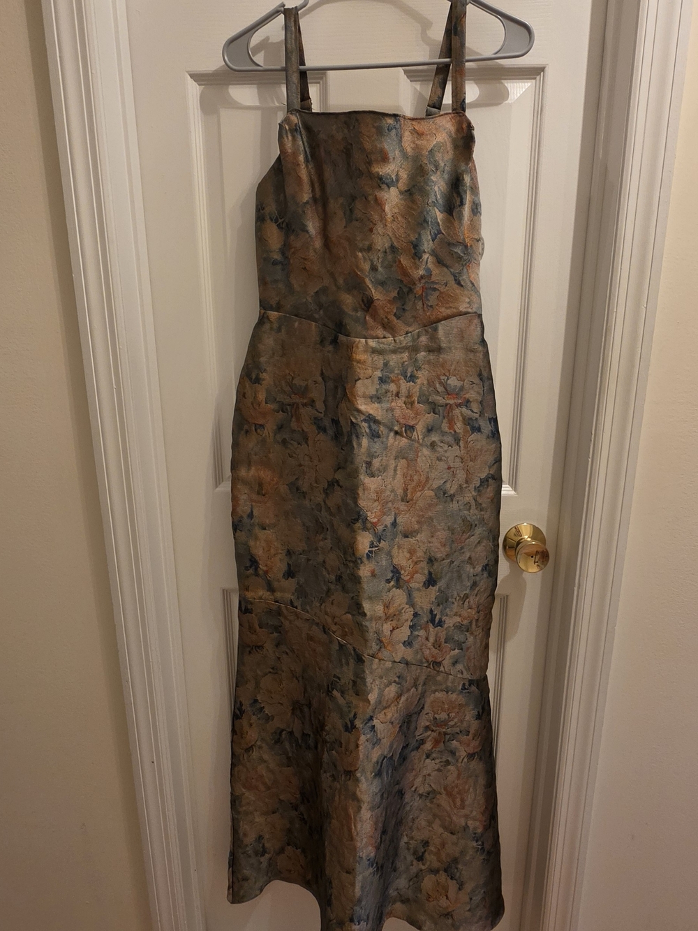 Azazie Floral Brocade Maxi Dress in Beige and Blue